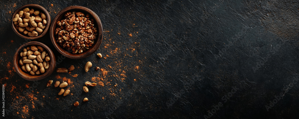 cozy flat lay of assorted nuts in wooden bowls on dark textured surface, creating warm and inviting atmosphere. Perfect for snack lovers and healthy eating enthusiasts cozy flat lay of assorted nuts in wooden bowls on dark textured surface, creating warm and inviting atmosphere. Perfect for snack lovers and healthy eating enthusiasts