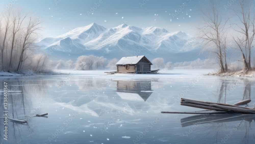 A small wooden cabin sits peacefully beside a frozen lake, surrounded by a winter wonderland. Snow-covered mountains rise in the background A small wooden cabin sits peacefully beside a frozen lake, surrounded by a winter wonderland. Snow-covered mountains rise in the background