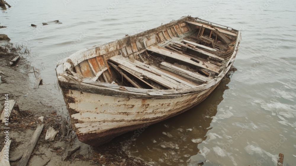Old wooden boat, riverbank, decay, water, shore, nature, abandoned,  stock photo