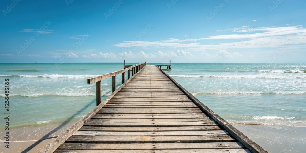 Obraz premium Serene ocean view from a weathered wooden pier extending into calm turquoise waters on a sunny day