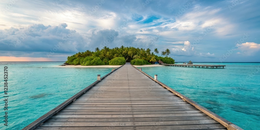Fototapeta premium Wooden walkway leading to a tropical island paradise under a partly cloudy sky
