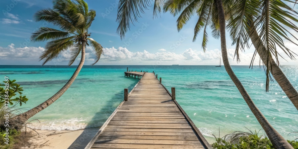 Serene tropical beach scene with wooden pier extending into tranquil turquoise ocean, framed by swaying palm trees and gentle waves on a sunny day.