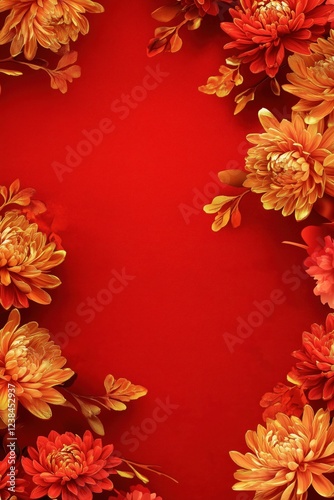 Chinese style red background with golden flowers festival celebration background