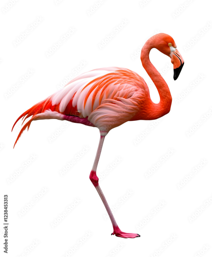 Fototapeta premium A graceful flamingo, standing on one leg, with its bright pink feathers on display. Transparent background