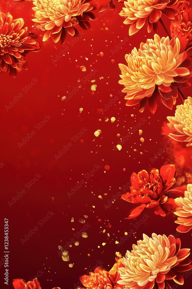 Fototapeta premium Golden Chrysanthemum Side Border Red Lunar New Year Card