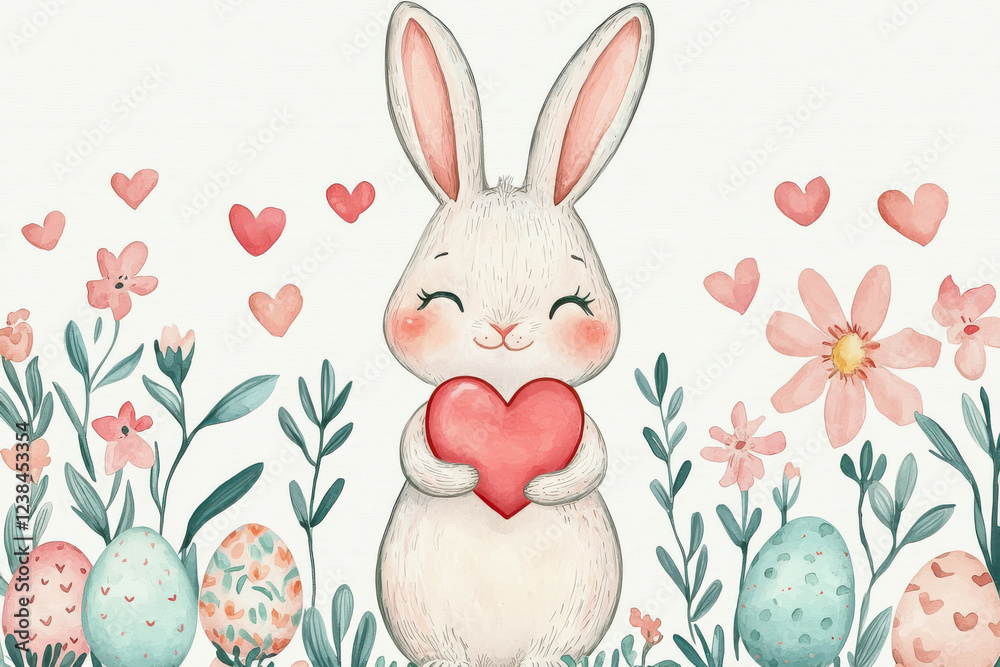 Cute bunny character holds heart surrounded by flowers and colorful eggs. Cute bunny character holds heart surrounded by flowers and colorful eggs.