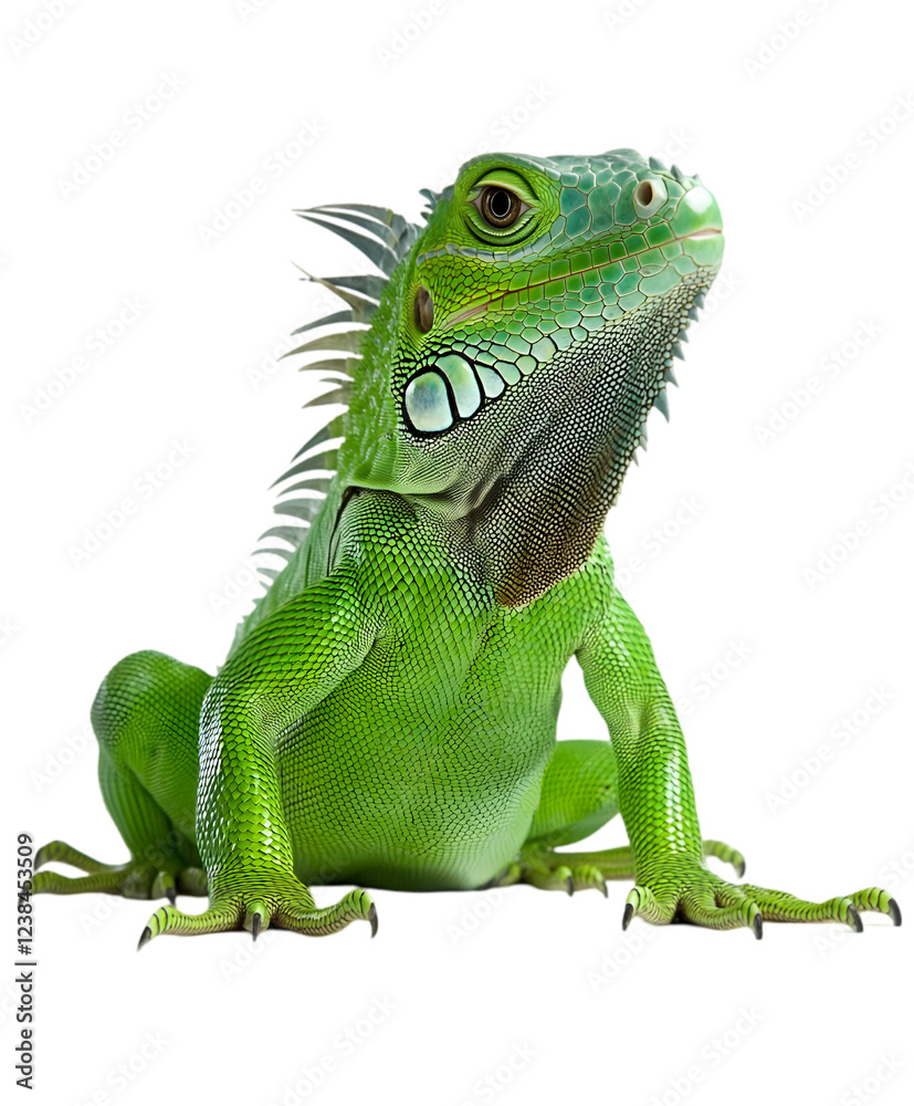 Fototapeta premium A green iguana with spiny scales, sitting on a white surface. Transparent background