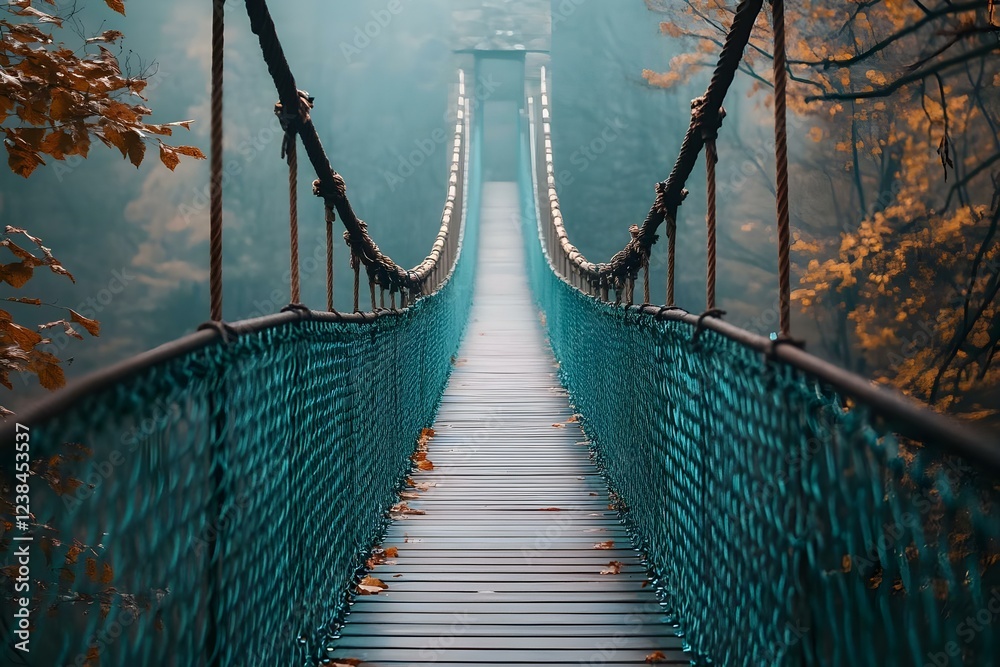 Obraz premium A tranquil suspension bridge surrounded by autumn foliage and misty scenery, leading into a serene landscape. Concept Autumn Foliage, Suspension Bridge, Misty Scenery, Serene Landscape