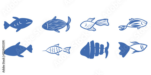 Blue fish set, mediterranean fish doodle drawings