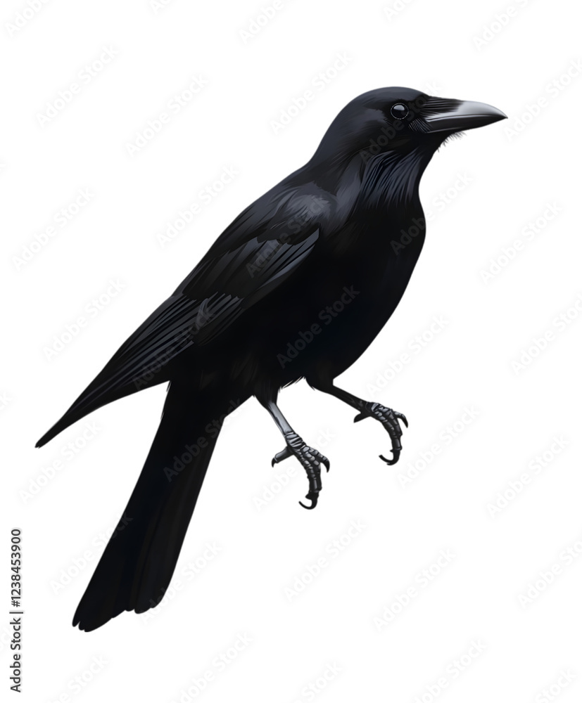 Obraz premium A sleek black crow, perched on a white branch, with a sharp beak. Transparent background