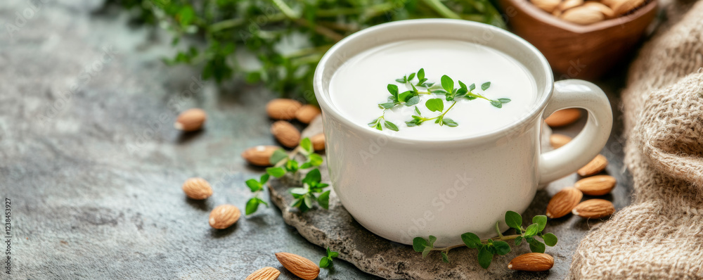 creamy white jug of almond milk garnished with fresh green herbs, surrounded by almonds and textured cloth, evokes sense of natural wellness and simplicity creamy white jug of almond milk garnished with fresh green herbs, surrounded by almonds and textured cloth, evokes sense of natural wellness and simplicity
