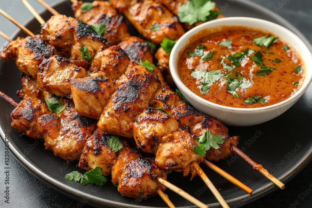 Fototapeta premium Grilled chicken satay skewers with peanut sauce