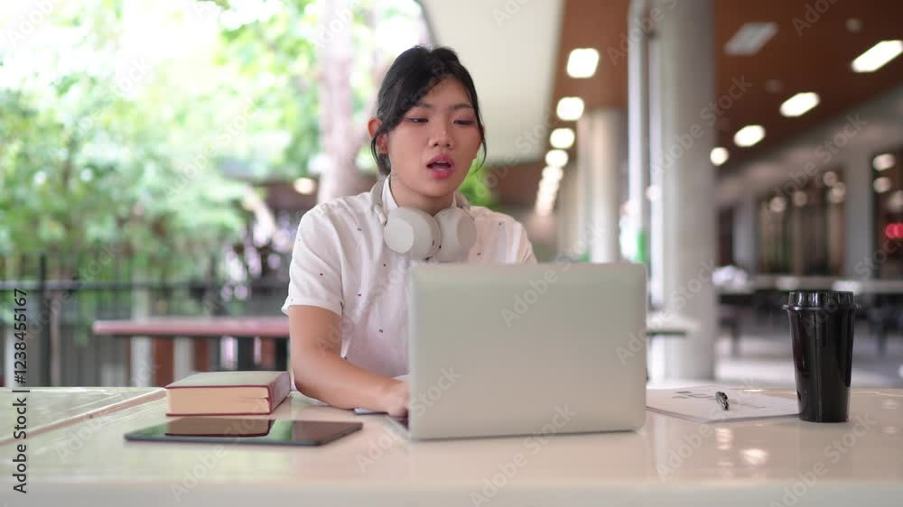A university student in a white uniform sits at an outdoor study area, using a laptop with a coffee cup beside her, looking focused. A university student in a white uniform sits at an outdoor study area, using a laptop with a coffee cup beside her, looking focused.