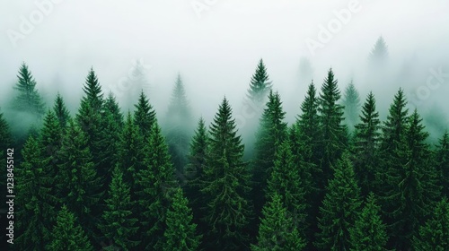 Misty forest nature idea. A serene view of evergreen trees shrouded in mist, showcasing nature's beauty.