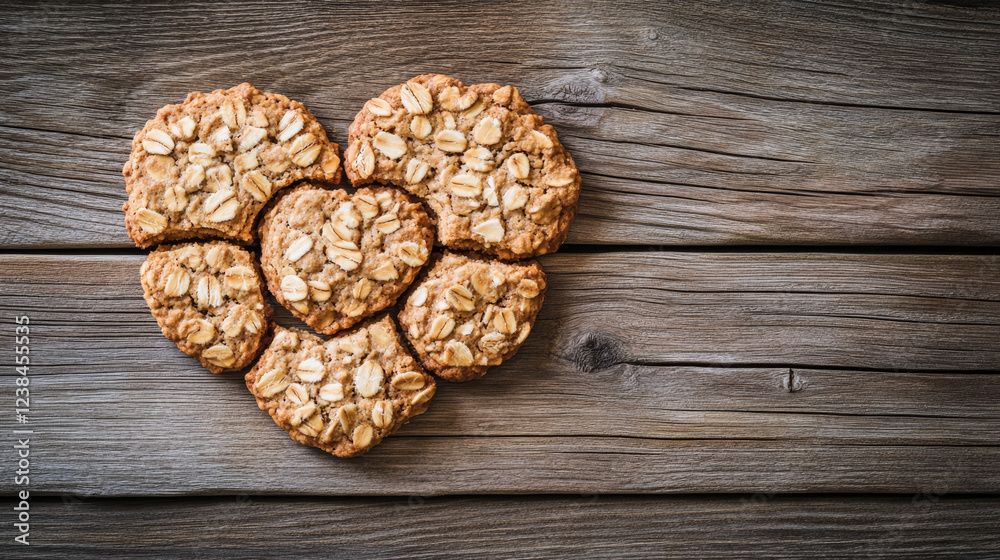 Delightful heart shaped arrangement of oatmeal cookies on wooden surface, showcasing warm and inviting treat perfect for sharing Delightful heart shaped arrangement of oatmeal cookies on wooden surface, showcasing warm and inviting treat perfect for sharing