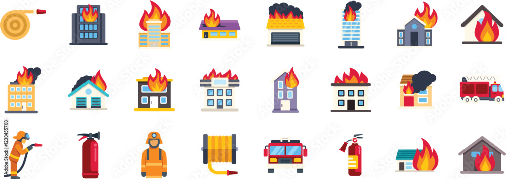Fototapeta premium Firefighters are working to put out building fires using various equipment, including fire extinguishers, water hoses, and fire trucks