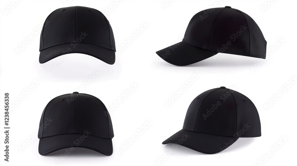 Black Baseball Cap Collection with Multiple Angles on White Background Black Baseball Cap Collection with Multiple Angles on White Background