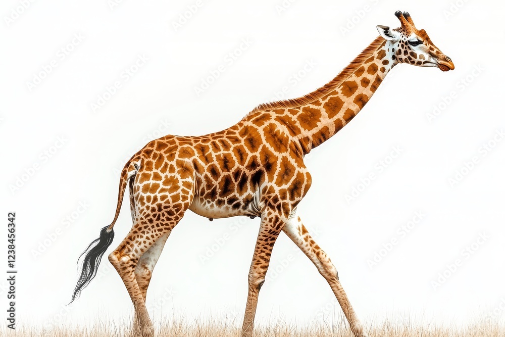Naklejka premium Giraffe walking side view, isolated on white background with clipping path, full-body animal photo.