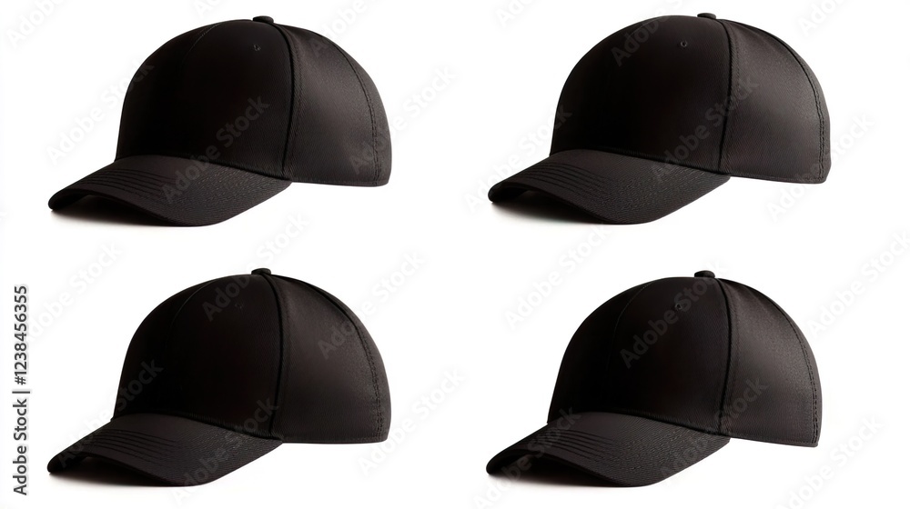 Black Baseball Caps on White Background in Four Angles Display Black Baseball Caps on White Background in Four Angles Display