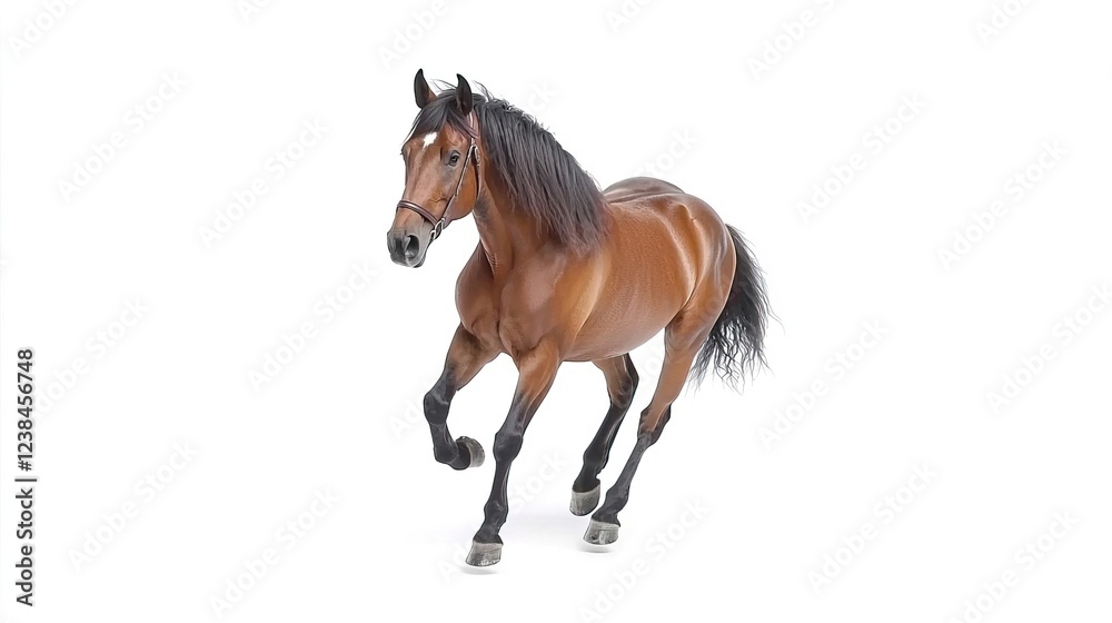 Naklejka premium Brown Horse Trotting Gracefully on a White Background