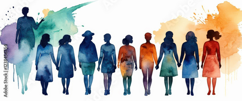 Watercolor painted banner with silhouettes multicultural women. Female diversity, racial equality, anti-racism, stop discrimination ,social inclusion concept.  photo