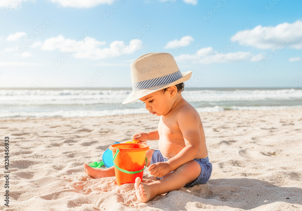 Young hispanic male child playing with sand and buckets on the beach Young hispanic male child playing with sand and buckets on the beach