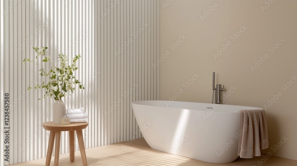 Fototapeta premium A bathroom with a white tub and a wooden stool. The tub is filled with towels and a vase with flowers
