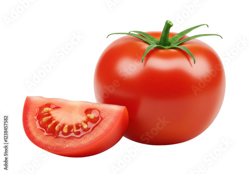 A whole fresh red tomato with a green stem, placed next to a thick slice of tomato, front view, isolated on white background