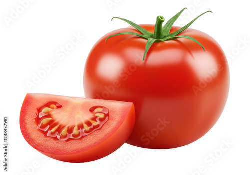 A whole fresh red tomato with a green stem, placed next to a thick slice of tomato, front view, isolated on white background