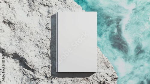 High-Angle Blank White Book On Rugged Light Gray Stone Surface With Vibrant Turquoise Water Rippling 