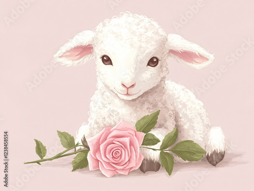 Adorable white lamb pink rose sheep illustration cute fluffy sheep soft pastel delicate fur hand drawn style romantic nature artwork sweet love art gift decor muted farm magical beauty gentle send