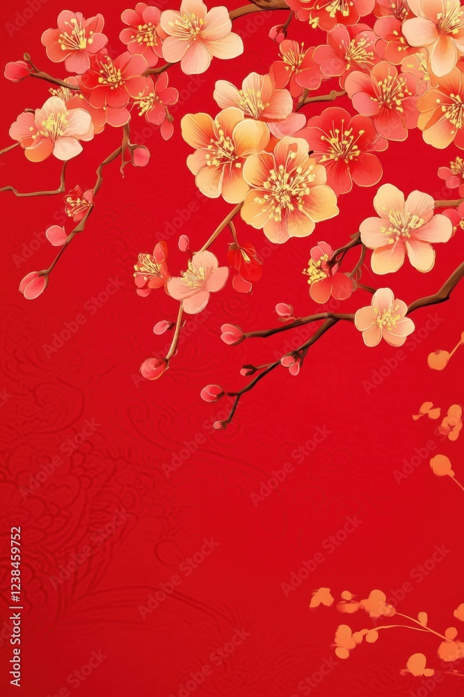 Fototapeta premium Chinese style red background with golden flowers festival celebration background