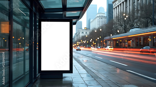 Realistic empty outdoor advertising billboard mockup, Featuring a modern bus shelter with prime marketing banner space in the heart of the city