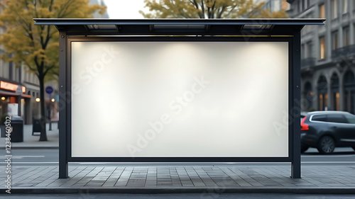 Realistic empty outdoor advertising billboard mockup, Featuring a modern bus shelter with prime marketing banner space in the heart of the city