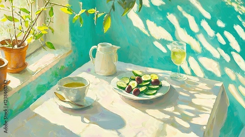   A cucumber and tea painting on a table with a potted plant