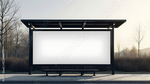 Realistic empty outdoor advertising billboard mockup, Featuring a modern bus shelter with prime marketing banner space in the heart of the city