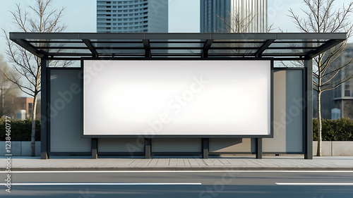 Realistic empty outdoor advertising billboard mockup, Featuring a modern bus shelter with prime marketing banner space in the heart of the city