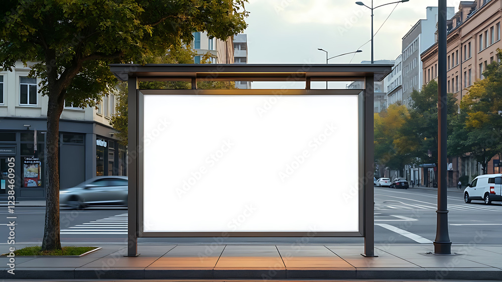 Realistic empty outdoor advertising billboard mockup, Featuring a modern bus shelter with prime marketing banner space in the heart of the city Realistic empty outdoor advertising billboard mockup, Featuring a modern bus shelter with prime marketing banner space in the heart of the city