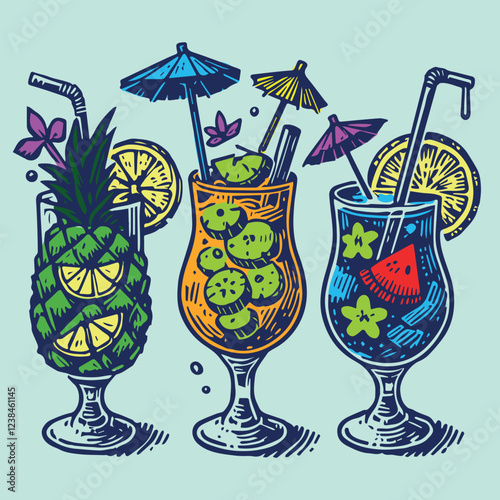 Cocktails tropical hand drawn colorful vector illustration set