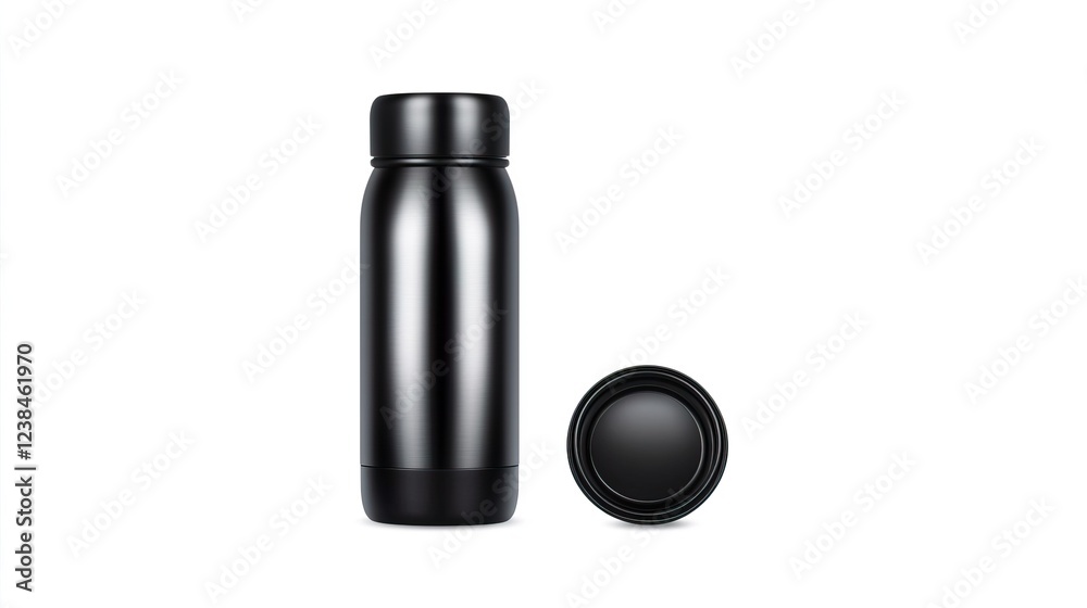 Sleek Black Insulated Travel Bottle With Detached Lid on White Background Sleek Black Insulated Travel Bottle With Detached Lid on White Background