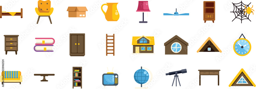 Attic furniture and objects icon set including bed. Chair. Box. Jug. Lamp. Fan. Cabinet. Spider web. Chest of drawers. Books. Wardrobe. Ladder. Houses. Attic windows. Clock. Sofa. Table. Bookcase. Tv Attic furniture and objects icon set including bed. Chair. Box. Jug. Lamp. Fan. Cabinet. Spider web. Chest of drawers. Books. Wardrobe. Ladder. Houses. Attic windows. Clock. Sofa. Table. Bookcase. Tv