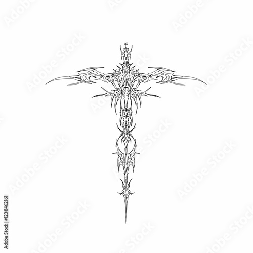 Symmetrical neo tribal sigilism tattoo vector design, cyber gothic sword shapes concept, free hand style. Great for Metal music cover print, grunge tshirt apparel print