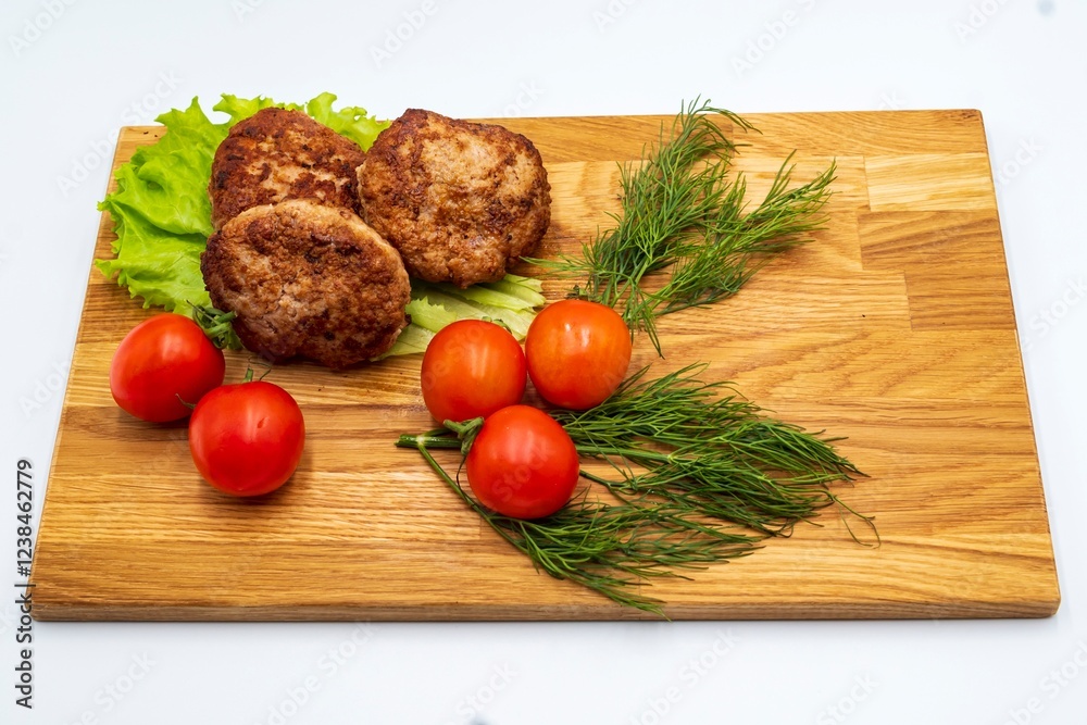 Fried chicken cutlets with tomatoes and herbs on a wooden board. Fried chicken cutlets with tomatoes and herbs on a wooden board.