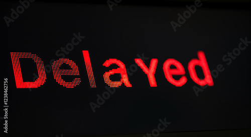 Red delayed sign glowing on a black pixelated digital display, indicating lateness and travel disruption for passengers at the station photo