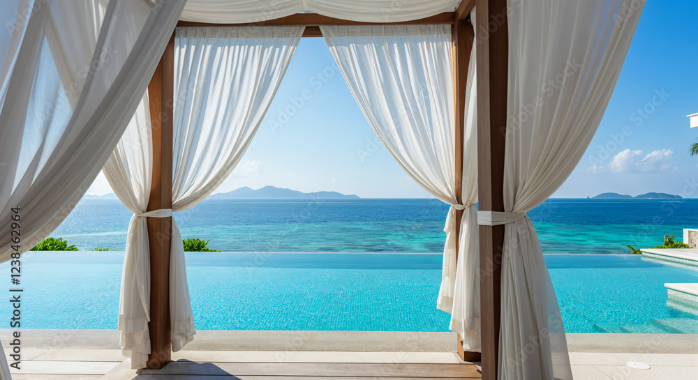 Obraz premium Luxury infinity pool overlooking a beautiful tropical ocean with a gazebo and flowing white curtains