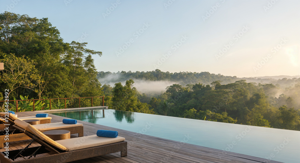 custom made wallpaper toronto digitalLuxurious infinity pool featuring comfortable lounge chairs overlooking a breathtaking tropical rainforest at sunrise, offering a serene retreat