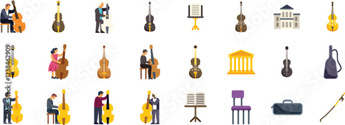 Professional musicians playing contrabass, different types of classical music instruments, music school building and accessories for symphony orchestra or philharmonic concert