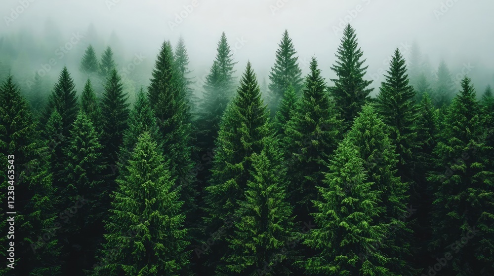 Fototapeta premium Misty forest nature idea. A serene view of a dense forest shrouded in mist with lush green pine trees.