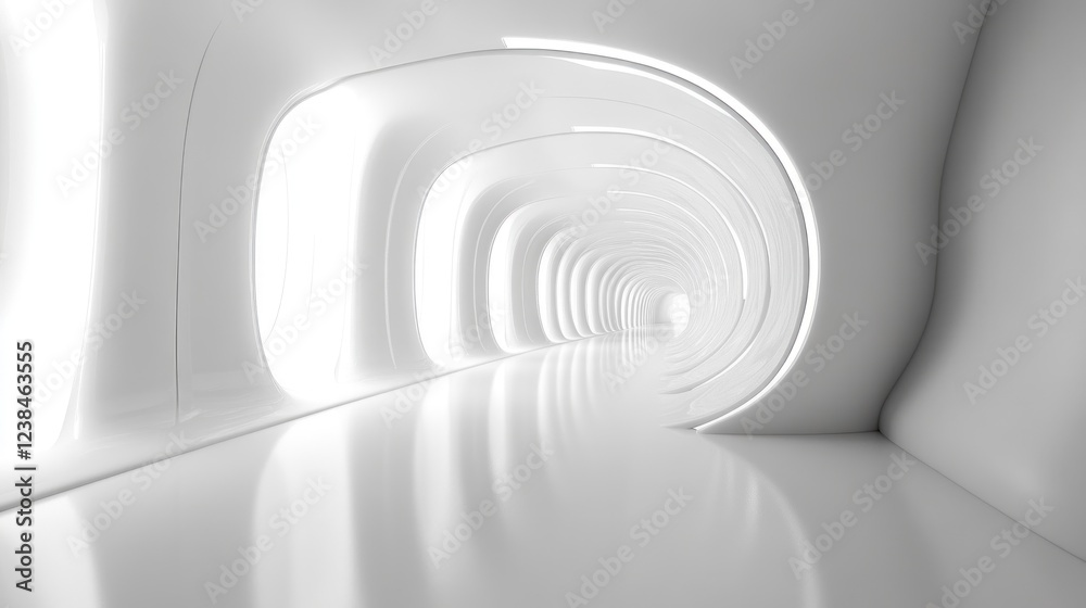 Fototapeta premium Futuristic white tunnel, glowing arches, reflective floor, abstract background, architectural design