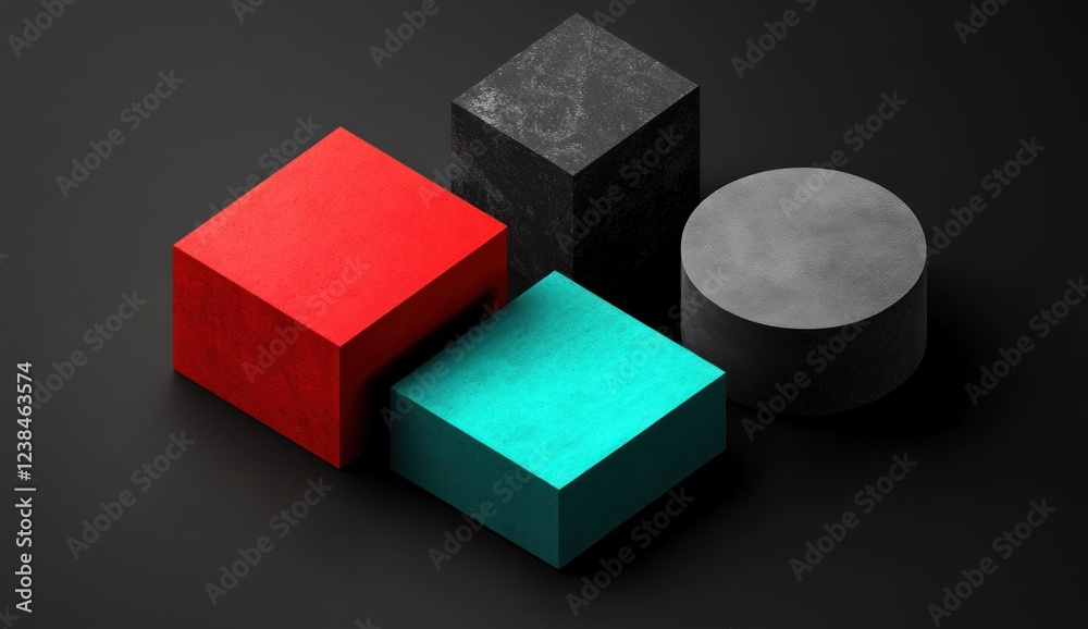 Abstract composition of red, teal, gray cubes and cylinder on black background. Abstract composition of red, teal, gray cubes and cylinder on black background.